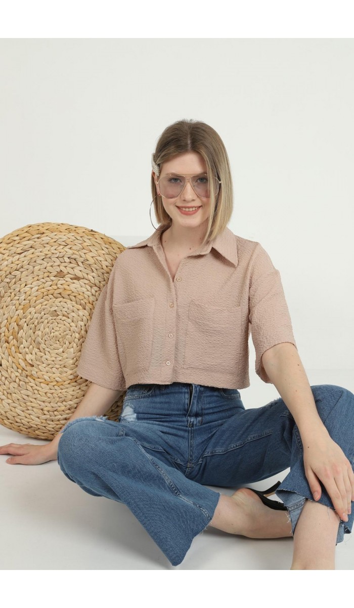 Gofre Desenli Cepli Gömlek - Taş Gofre Desenli Cepli Gömlek - Taş