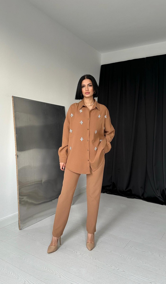 Gömleği Taşlı Fitilli Takım - Vizon