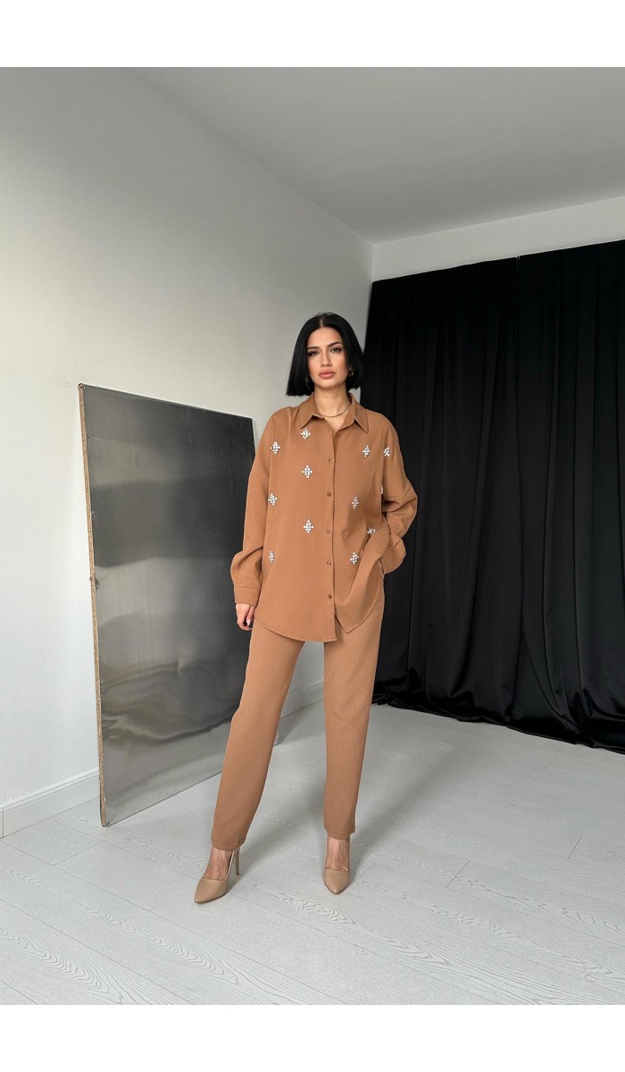 Gömleği Taşlı Fitilli Takım - Vizon