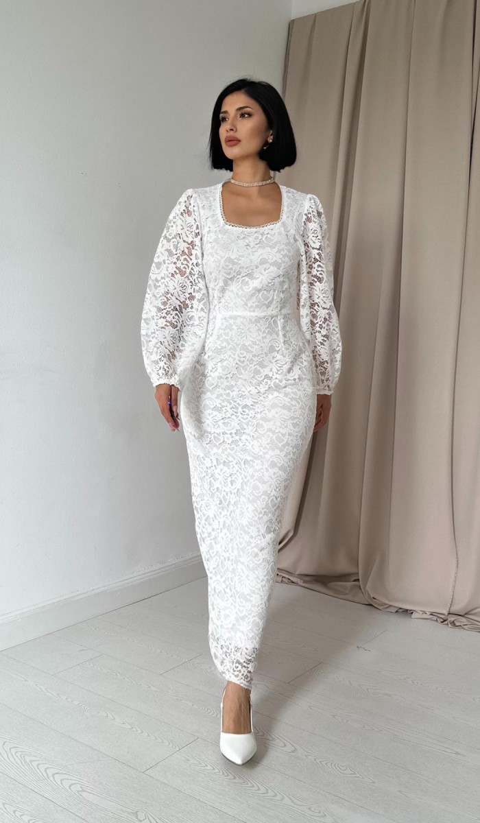 Güpür Detaylı Dantel Elbise - Beyaz