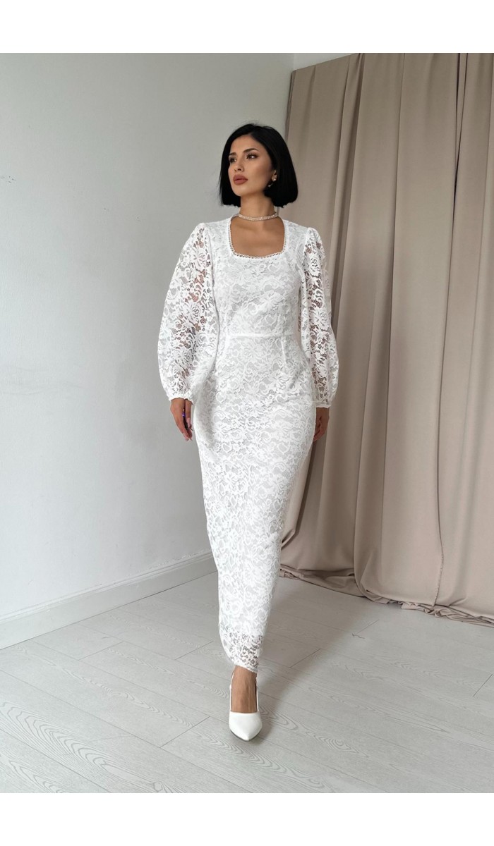 Güpür Detaylı Dantel Elbise - Beyaz