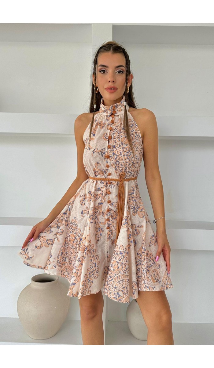 Halter Yaka Elbise - Ekru