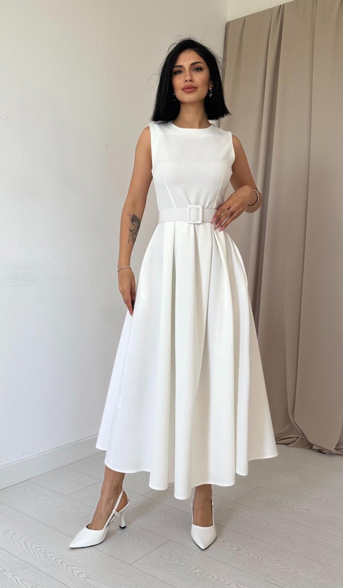 Halter Yaka Kloş Elbise - Ekru