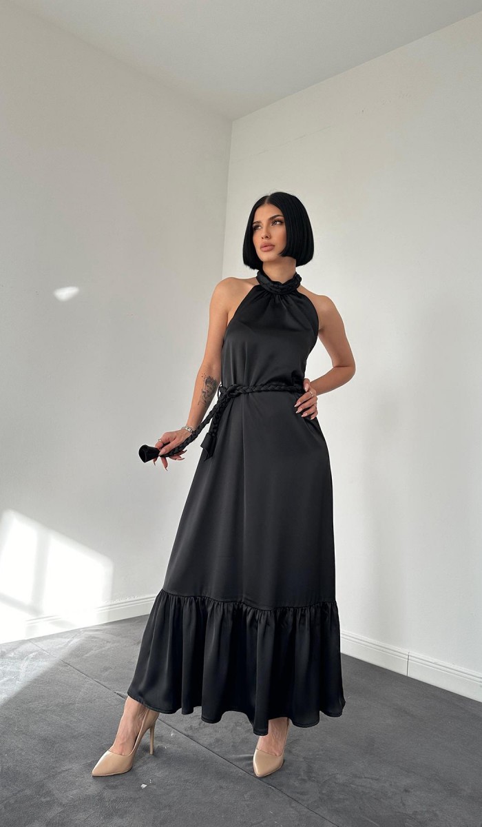 Halter Yaka Örgülü Elbise - Siyah ELBİSE