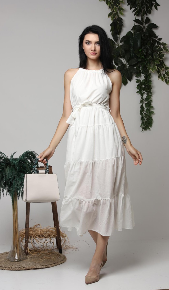 Halter Yakalı Kuşaklı Elbise - Ekru