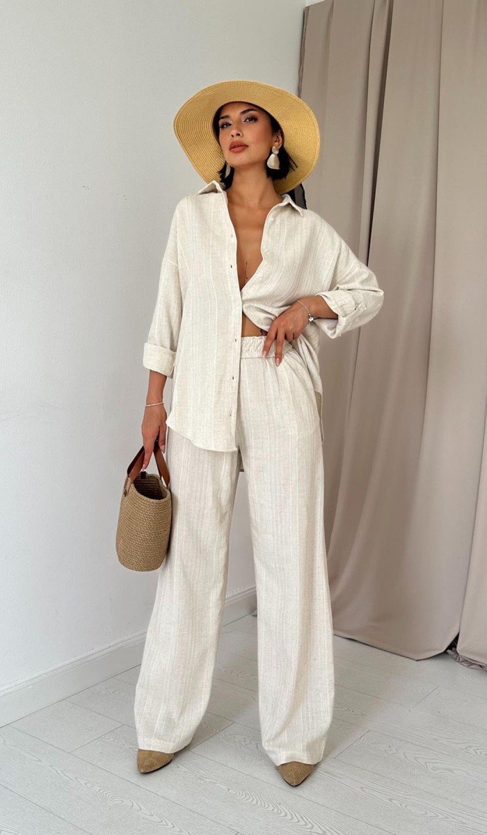 Jakar Petek Gömlek Ve Pantolon Takım - Bej