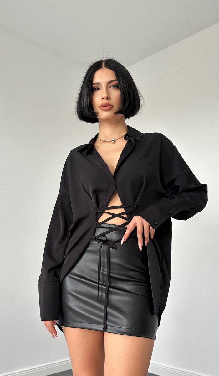 Jesica Parçalı Bağcıklı Gömlek - Siyah