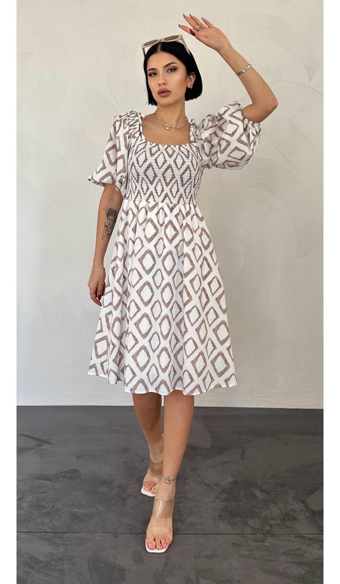 Kare Desenli Yazlık Elbise - Vizon
