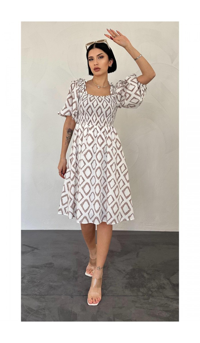 Kare Desenli Yazlık Elbise - Vizon