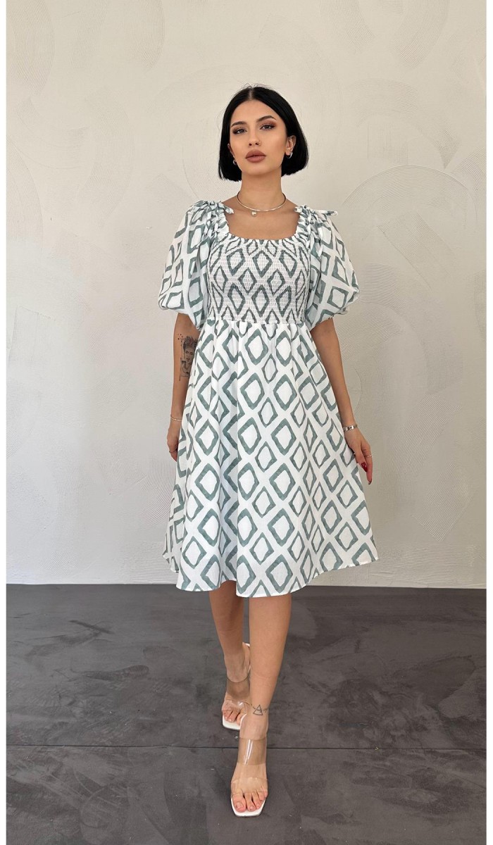 Kare Desenli Yazlık Elbise - Yeşil