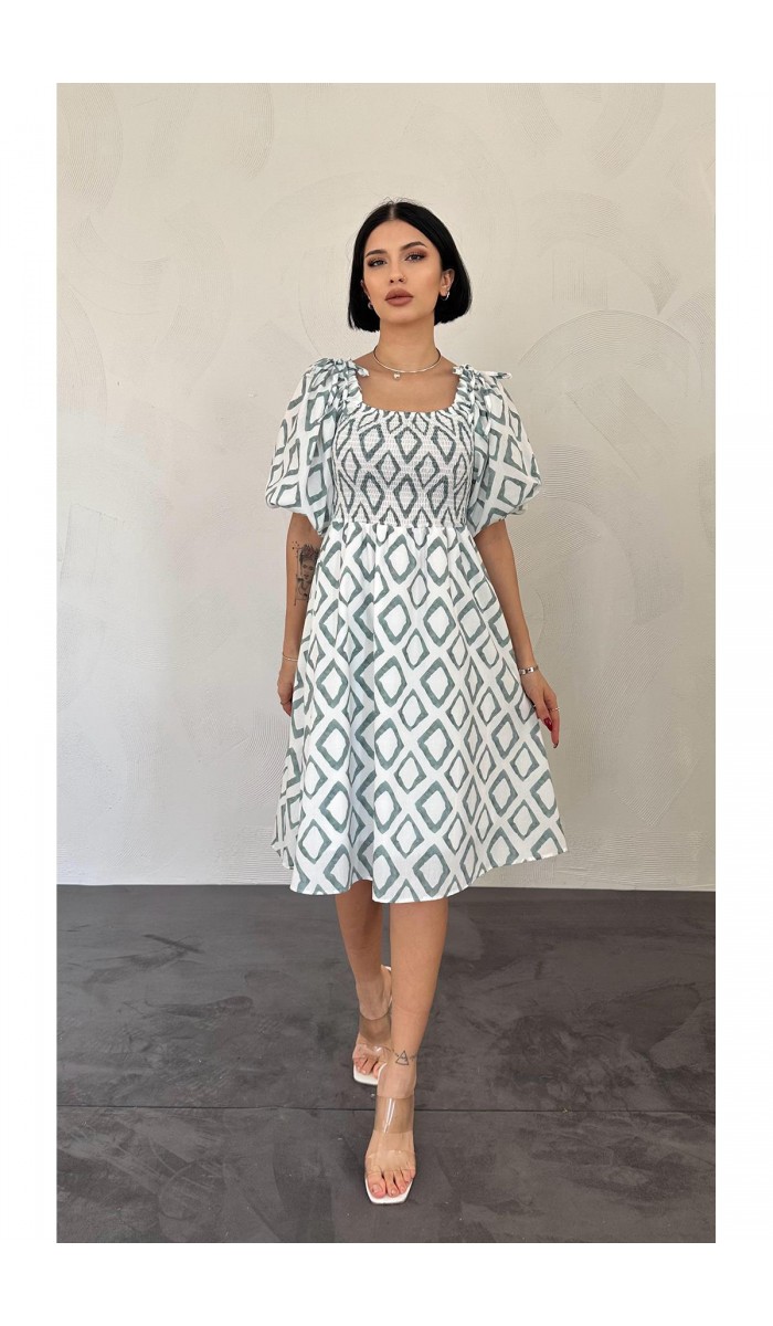 Kare Desenli Yazlık Elbise - Yeşil