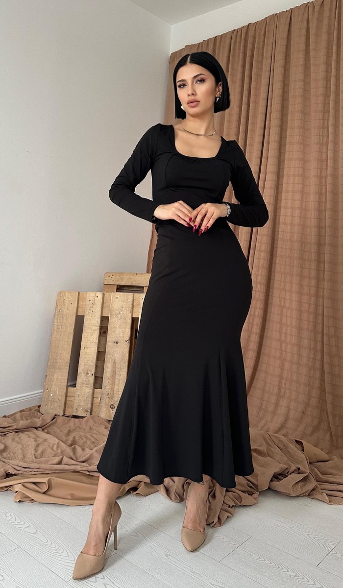 Kare Yaka Klasik Elbise - Siyah ELBİSE