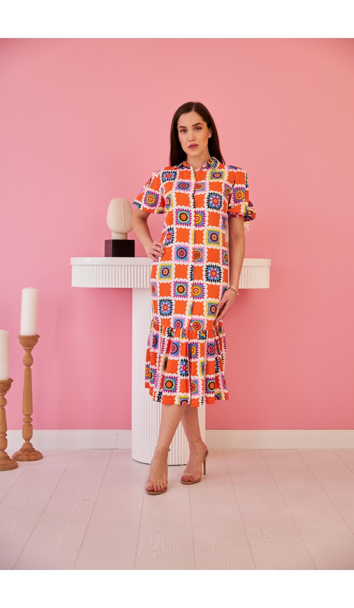 Kemerli Gömlekyaka Elbise - Oranj