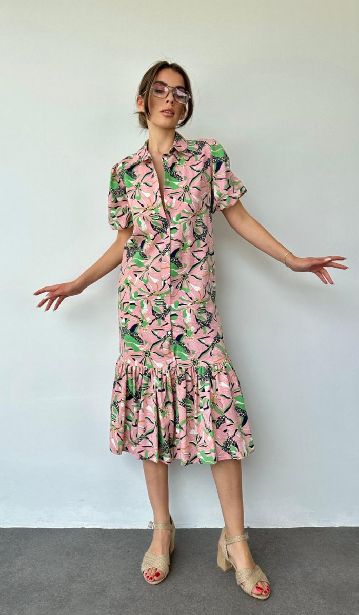 Kemerli Gömlekyaka Elbise - Pudra