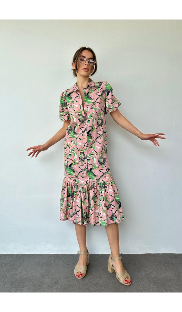 Kemerli Gömlekyaka Elbise - Pudra