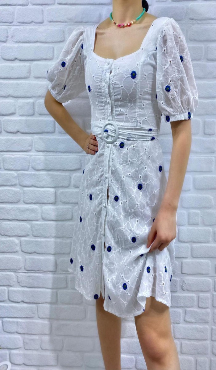 Kemerli Kare Yaka Elbise - Mavi
