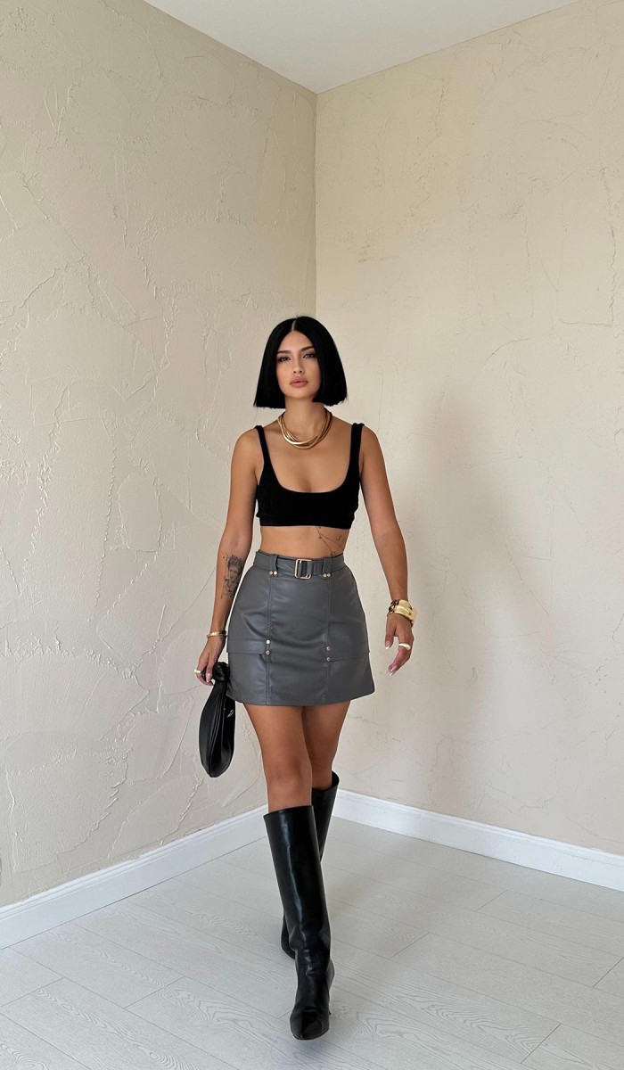 Kemerli Mini Deri Etek - Gri Kemerli Mini Deri Etek - Gri