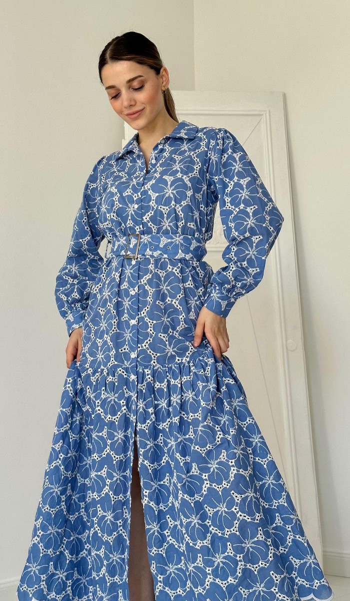 Kemerli Ve Çiçek Desenli Elbise - Mavi ELBİSE