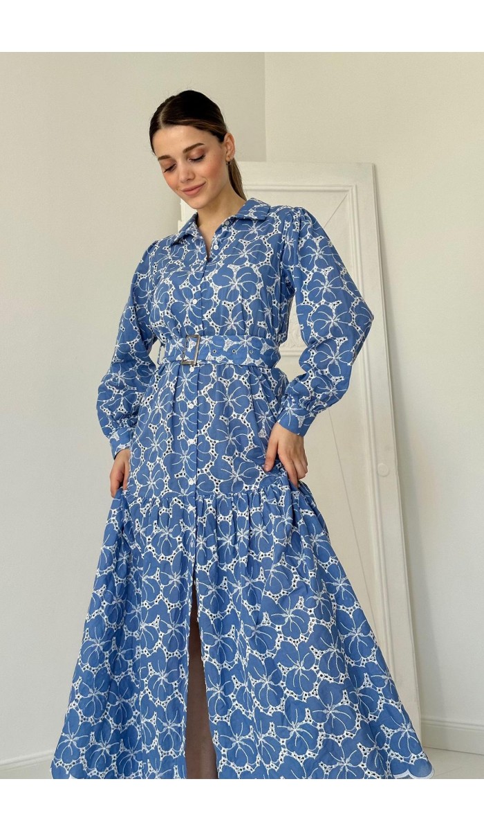 Kemerli Ve Çiçek Desenli Elbise - Mavi Kemerli Ve Çiçek Desenli Elbise - Mavi