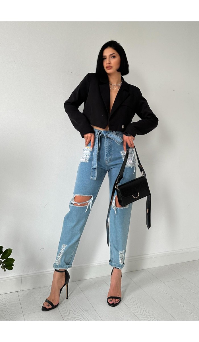 Kemerli Yırtık Mom Jean's Pantolon - Mavi Kemerli Yırtık Mom Jean's Pantolon - Mavi