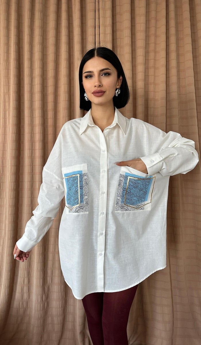 Keten Çift Cep Baskılı Gömlek - Ekru