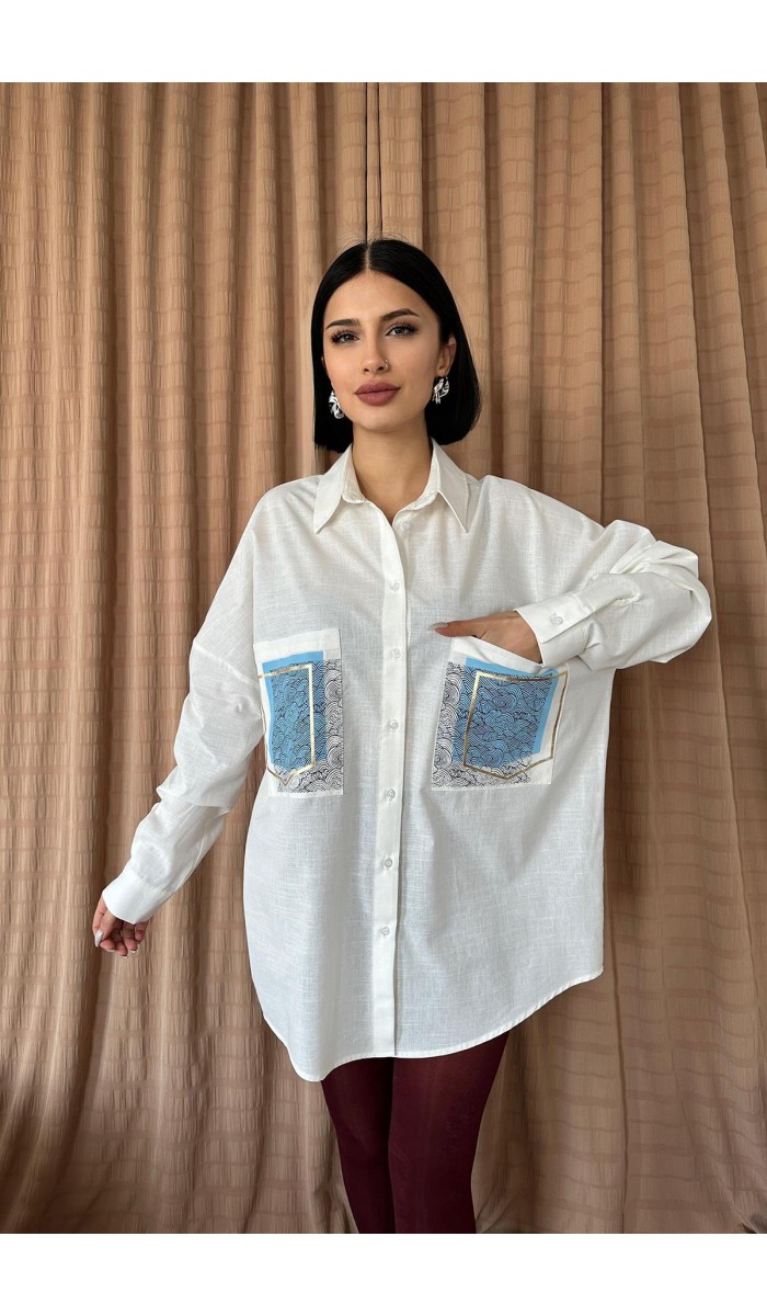 Keten Çift Cep Baskılı Gömlek - Ekru