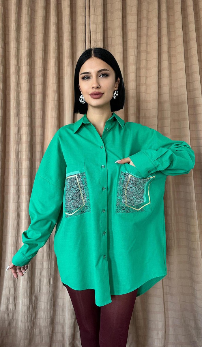 Keten Çift Cep Baskılı Gömlek - Yeşil