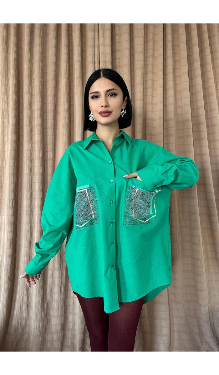 Keten Çift Cep Baskılı Gömlek - Yeşil