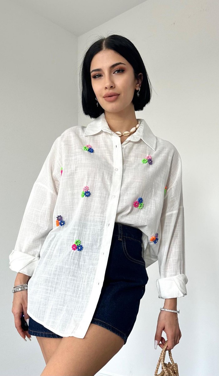 Keten Klasik Kalıp Boncuk İşlemeli Gömlek - Ekru