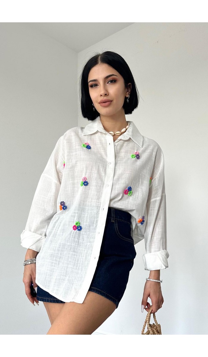 Keten Klasik Kalıp Boncuk İşlemeli Gömlek - Ekru