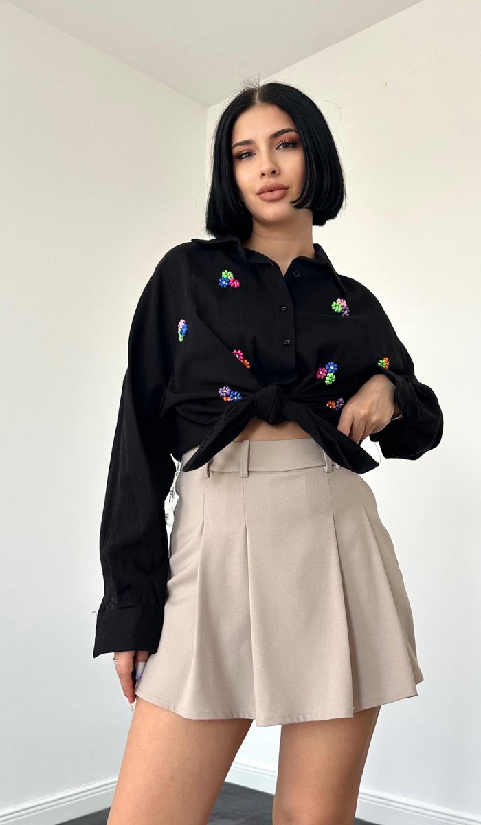 Keten Klasik Kalıp Boncuk İşlemeli Gömlek - Siyah