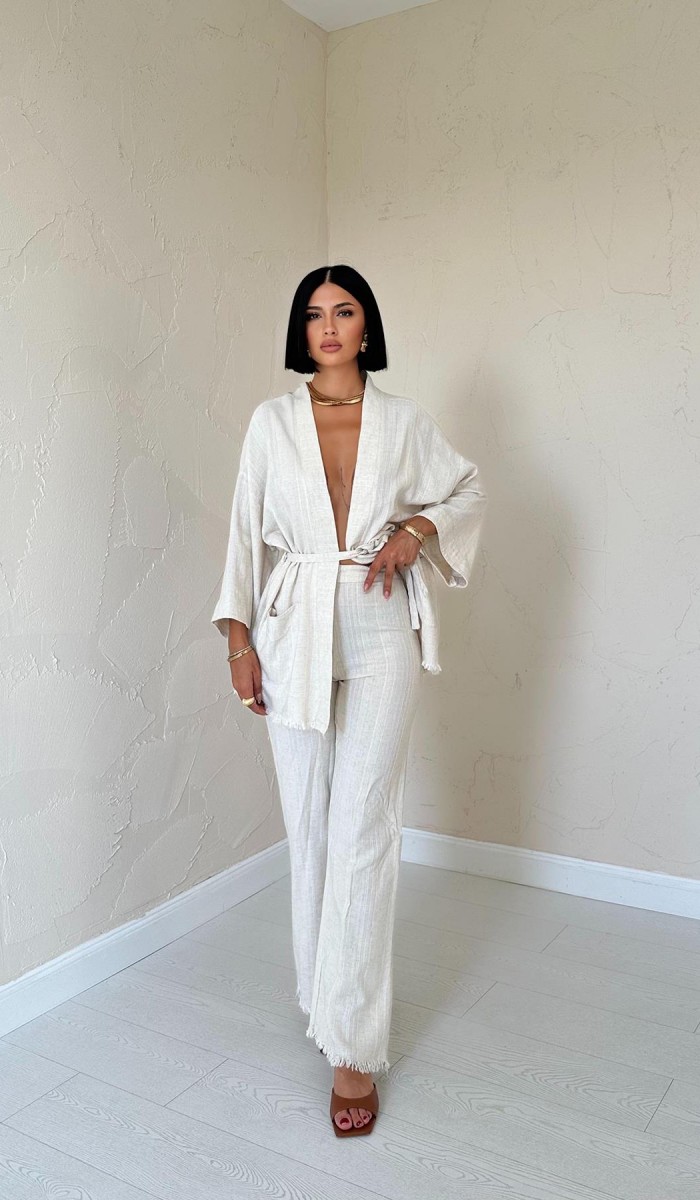 Kimono Ve Pantolon Takım - Bej