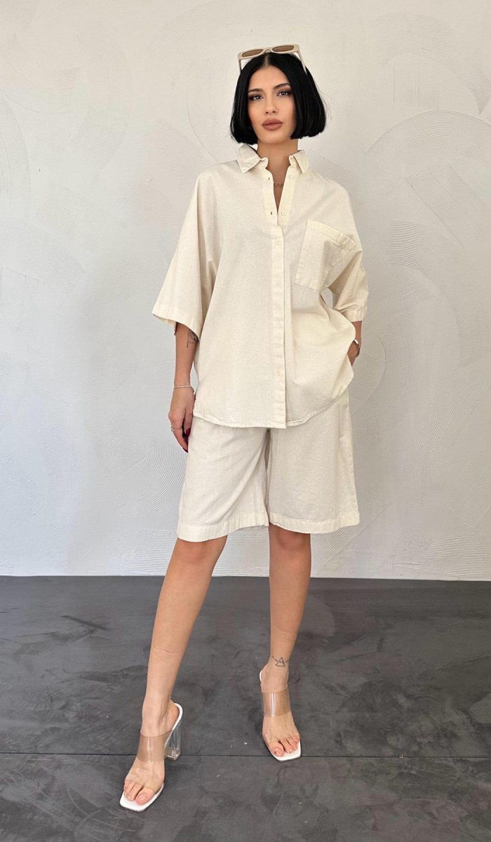 Kısa Kollu Keten Gömlek Ve Şort Takım - Ekru