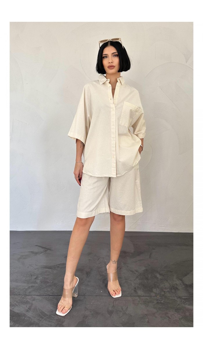 Kısa Kollu Keten Gömlek Ve Şort Takım - Ekru