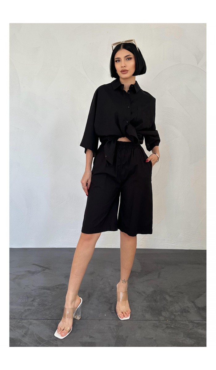 Kısa Kollu Keten Gömlek Ve Şort Takım - Siyah