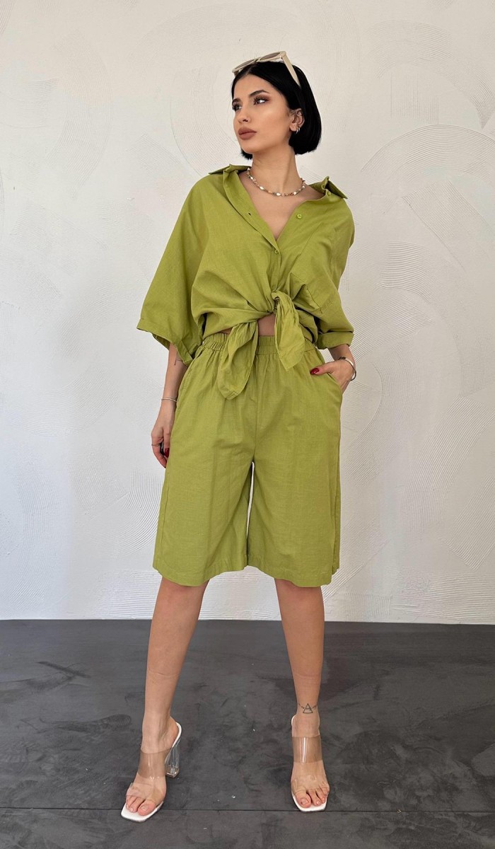 Kısa Kollu Keten Gömlek Ve Şort Takım - Yağ Yeşili