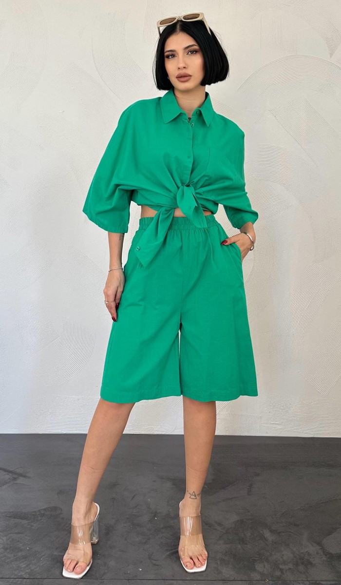 Kısa Kollu Keten Gömlek Ve Şort Takım - Yeşil