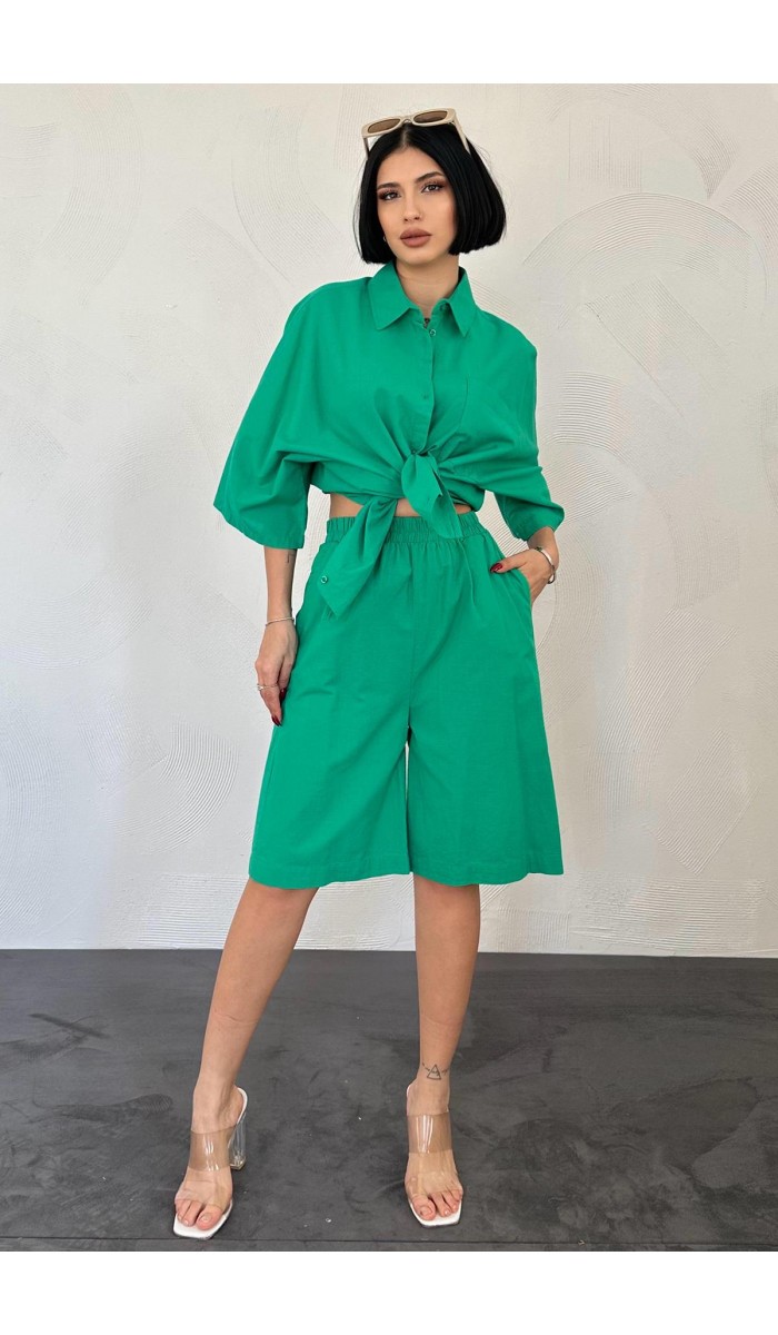 Kısa Kollu Keten Gömlek Ve Şort Takım - Yeşil