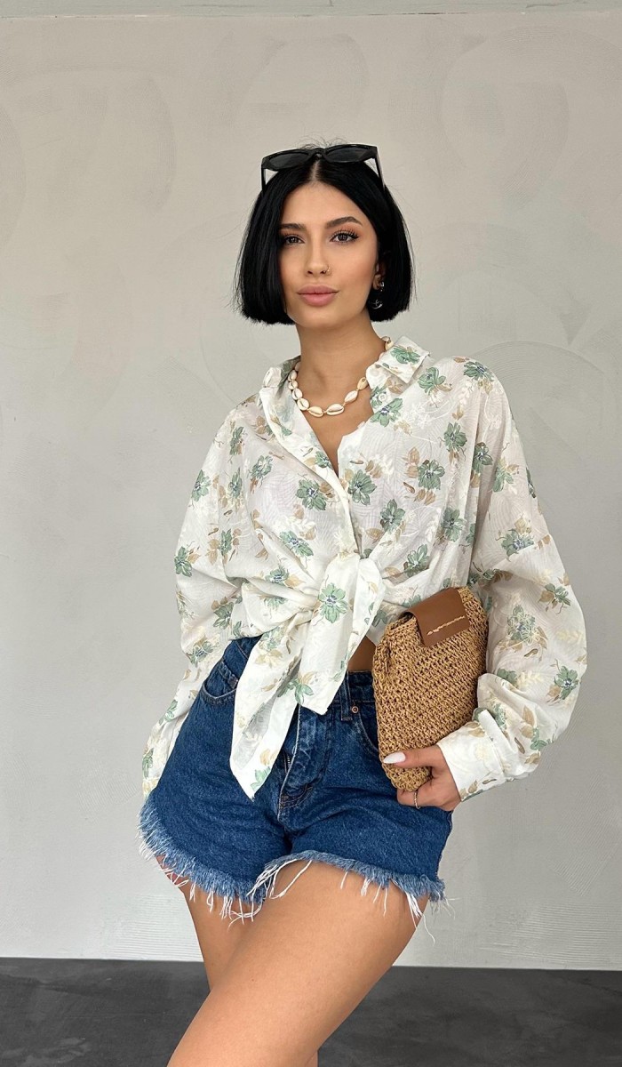 Klasik Bedensiz Baskılı Nakışlı Gömlek - Yeşil