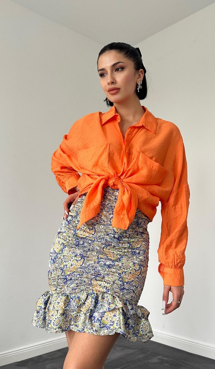 Klasik Kalıp Çift Cep Kollar Büzgülü Gömlek - Oranj