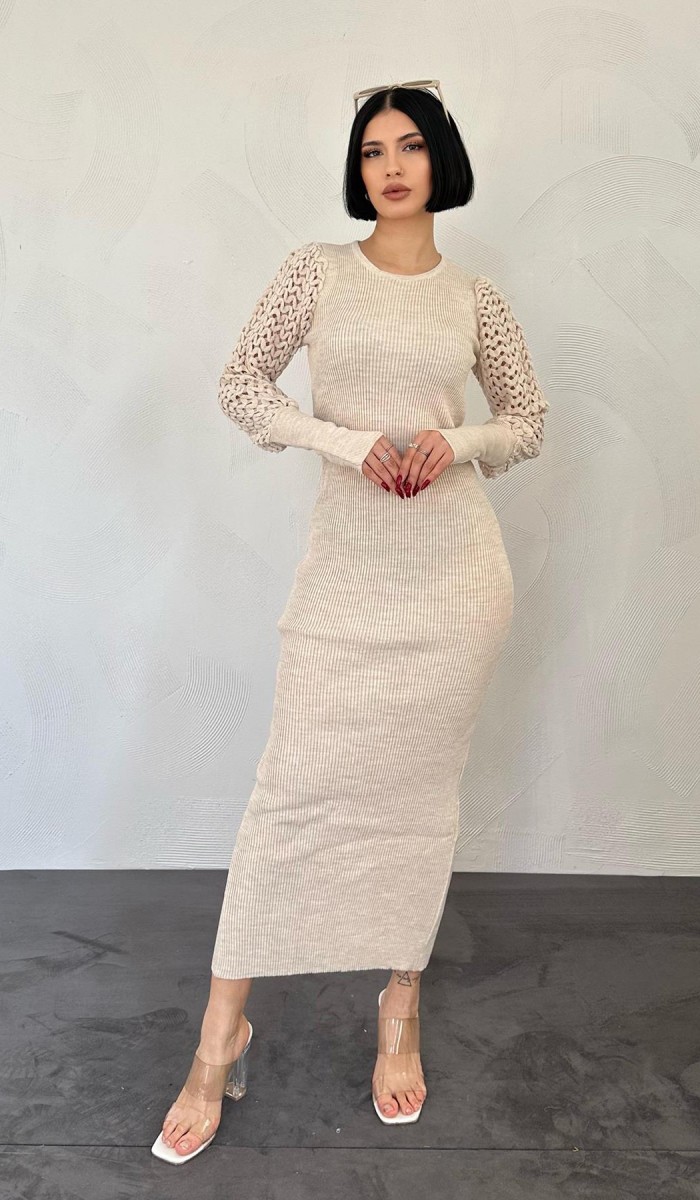 Kolları Örgülü Triko Elbise - Taş