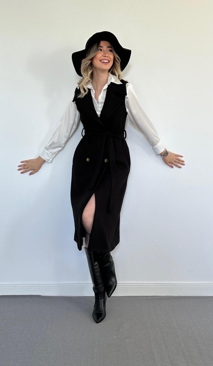 Kolsuz Kaşe Kadın Kaban - Siyah