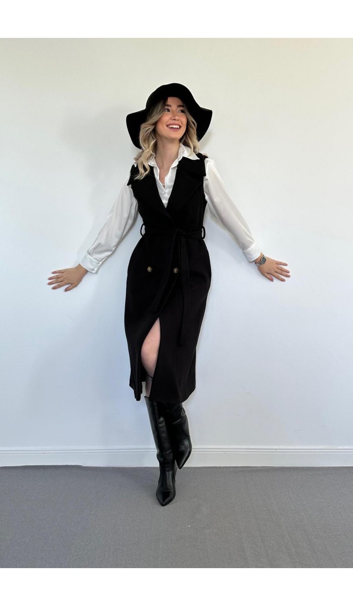 Kolsuz Kaşe Kadın Kaban - Siyah