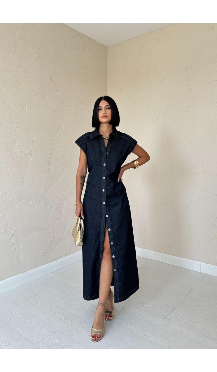 Kolsuz Vatkalı Elbise - Mavi