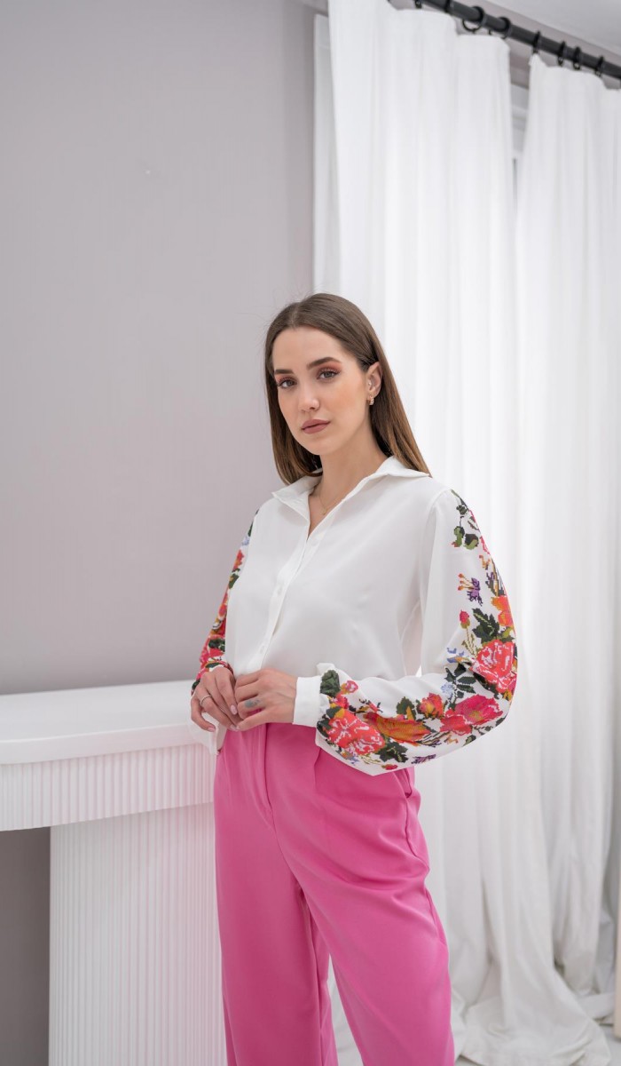 Kolu Çiçekli Gömlek - Beyaz