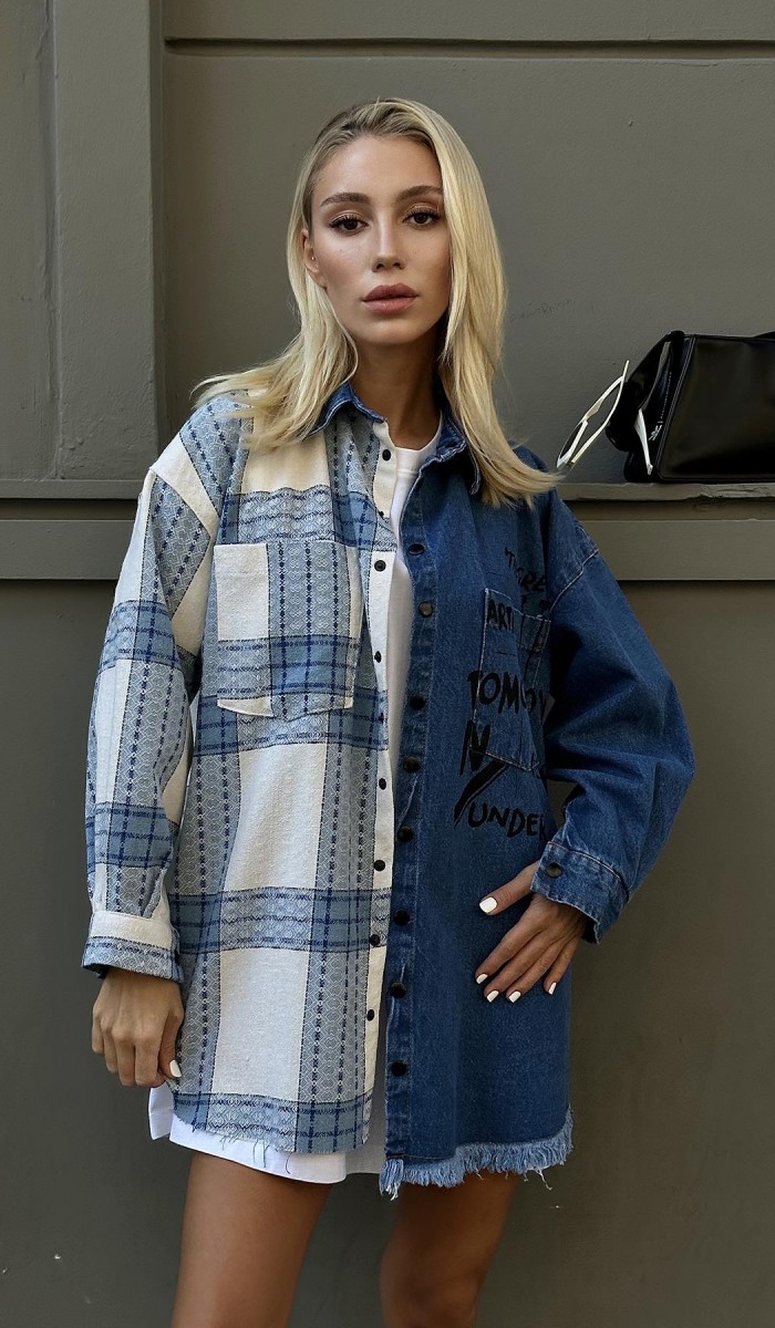 Kot Garni Parçalı Gömlek - Mavi