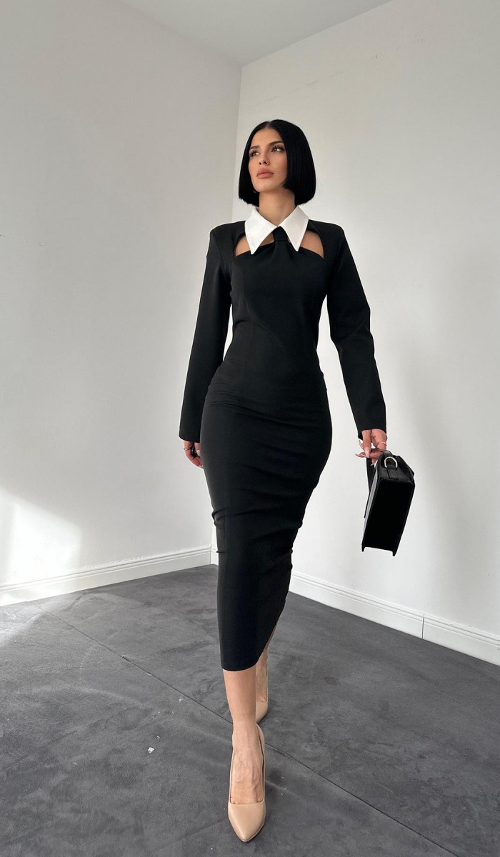 Kravat Detaylı  Elbise - Siyah