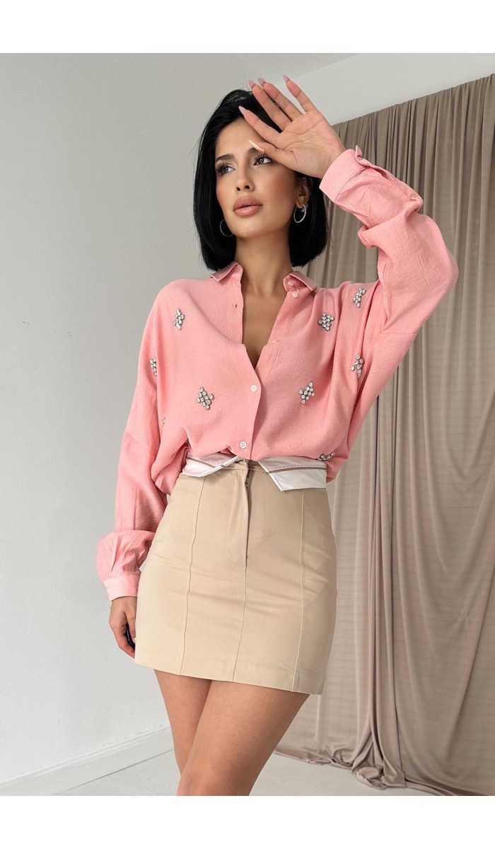 Kristal Taşlı Gömlek - Pudra