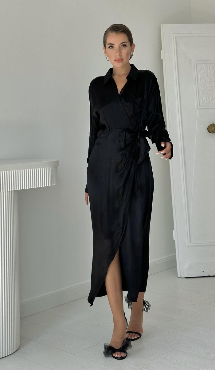 Kuşaklı Gömlek Elbise - Siyah