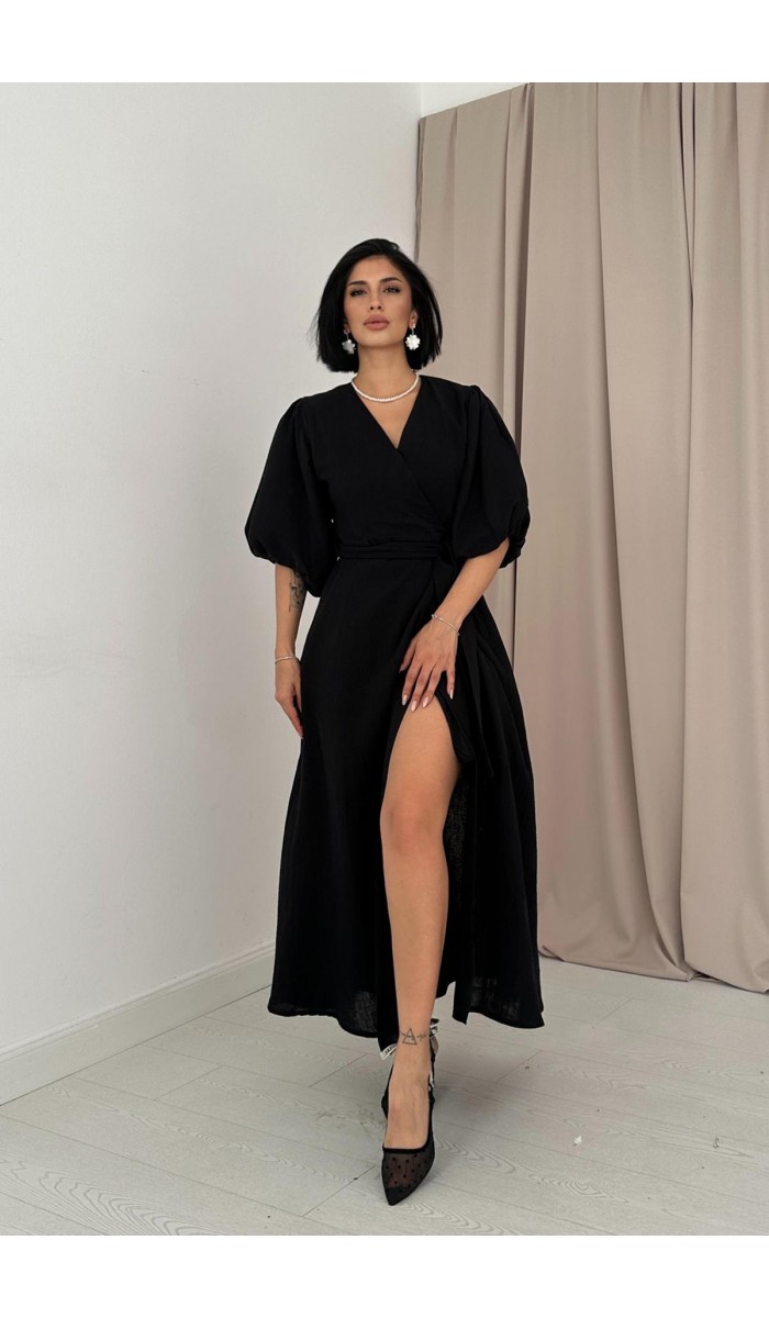 Kuşaklı Müslin Elbise - Siyah